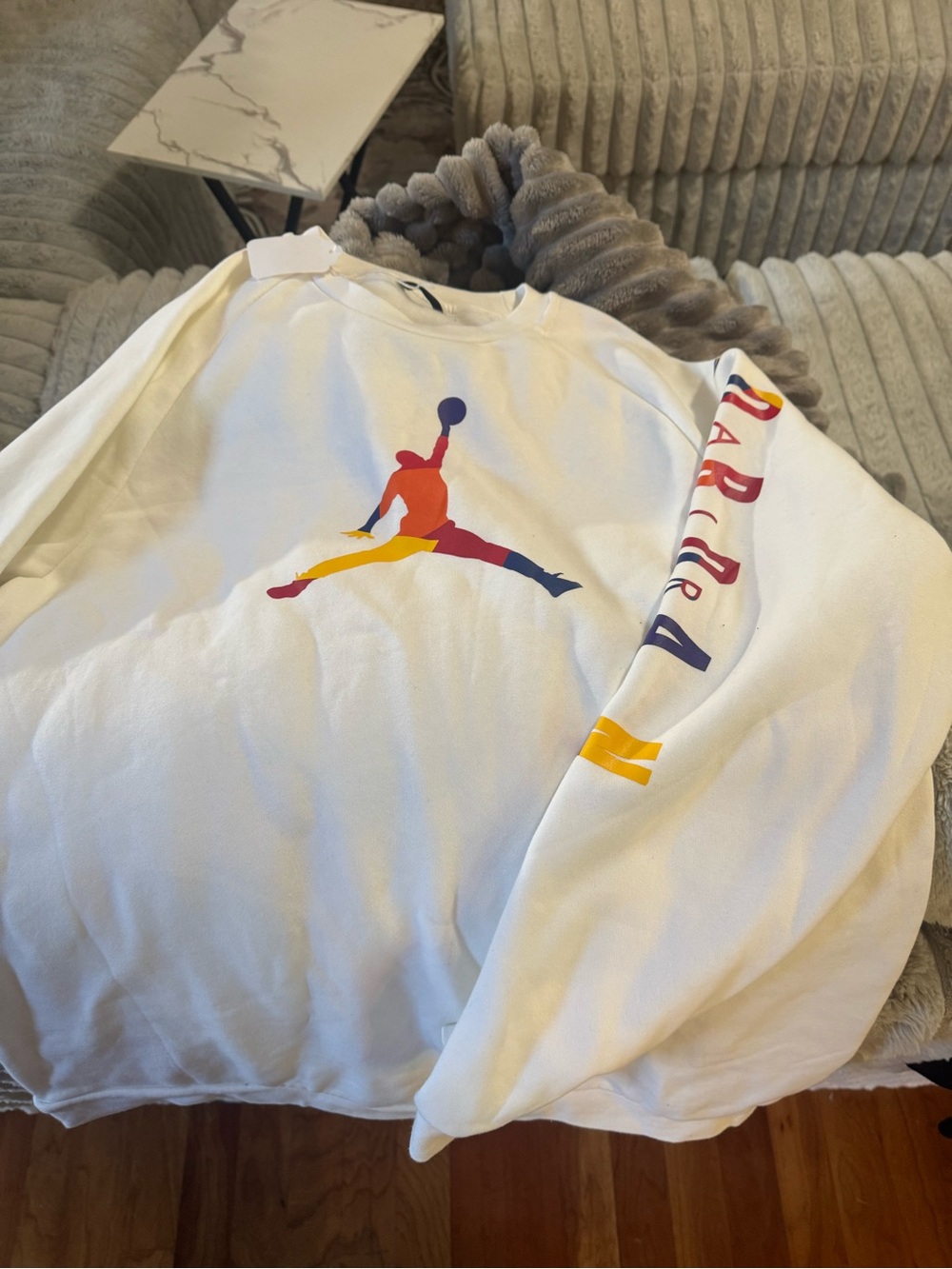 Jordan-Men's White Graphic Pullover Sweatshirt with Multicolor Jumpman